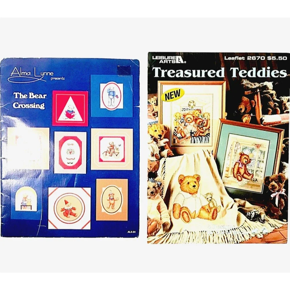 Cross Stitch (2) Vtg Pattern Books Bear Crossing Treasured Teddies Alma Leisure